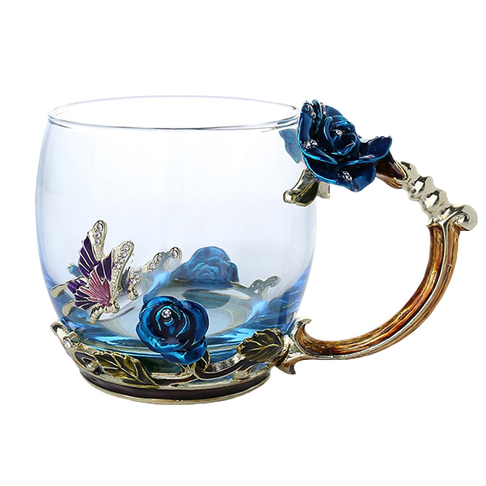 Kaffeetasse Emaille Kaffee Teetasse Becher 3D Rose Butterfly Glas Tassen Hochzeitsgeschenk (Color : Blue Short Without s)