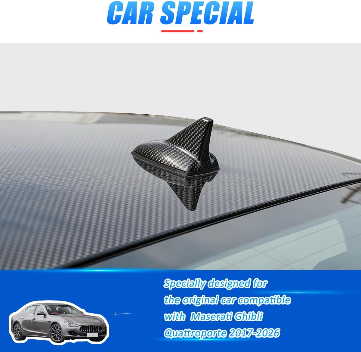 100% Real Carbon Fiber Car Shark Fin Antenna Cover Roof Aerial Compatible with Maserati Ghibli 2017-2026 Vehicle Shark Fin Shape Cover,Auto Cars Antenna Accessories