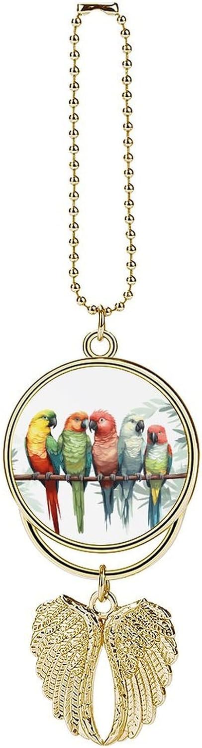 Guardian Angel Wing Colorful Parrots Car Hanging Ornament for Rearview Mirror Golden Car Charm Pendant Decorations Rearview Mirror Hanging Accessory Decor Gift for Women Men New Drivers