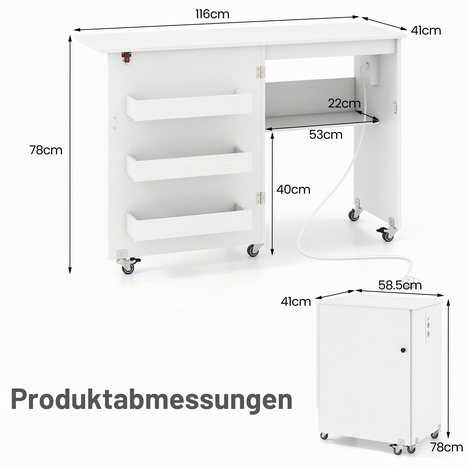 LIFEZEAL Klappbarer Nähtisch mit Ladestation, Mobiler Nähmaschinenschrank mit Regal & Schubladen, Multifunktionaler Nähschrank mit Rollen für Zuhause & Büro (Weiß)