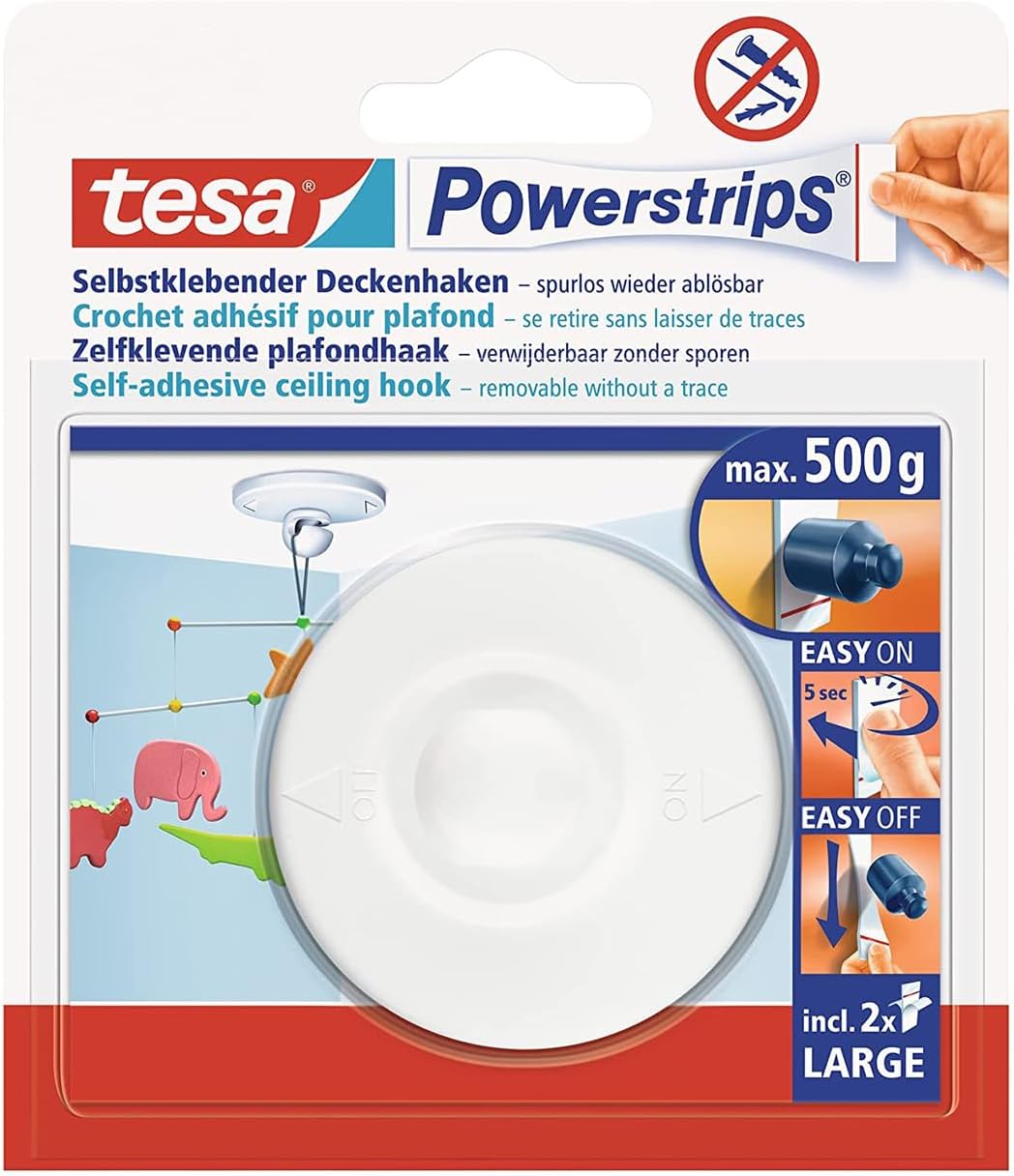 tesa 3 x Powerstrips Self-Adhesive Ceiling Hook Rotatable up to 500 g Each