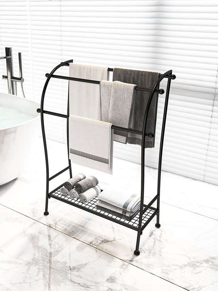 Toallero Soporte De Pie Grande para Toallas Baño, Metal, con Estante, para Toallero 3 Niveles para Colgar En El Independiente(Black)