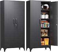 Vista 26 de Yizosh Armario de almacenamiento de metal para garaje con 2 puertas y 5 estantes ajustables, gabinete de archivo de acero con cerradura de 71