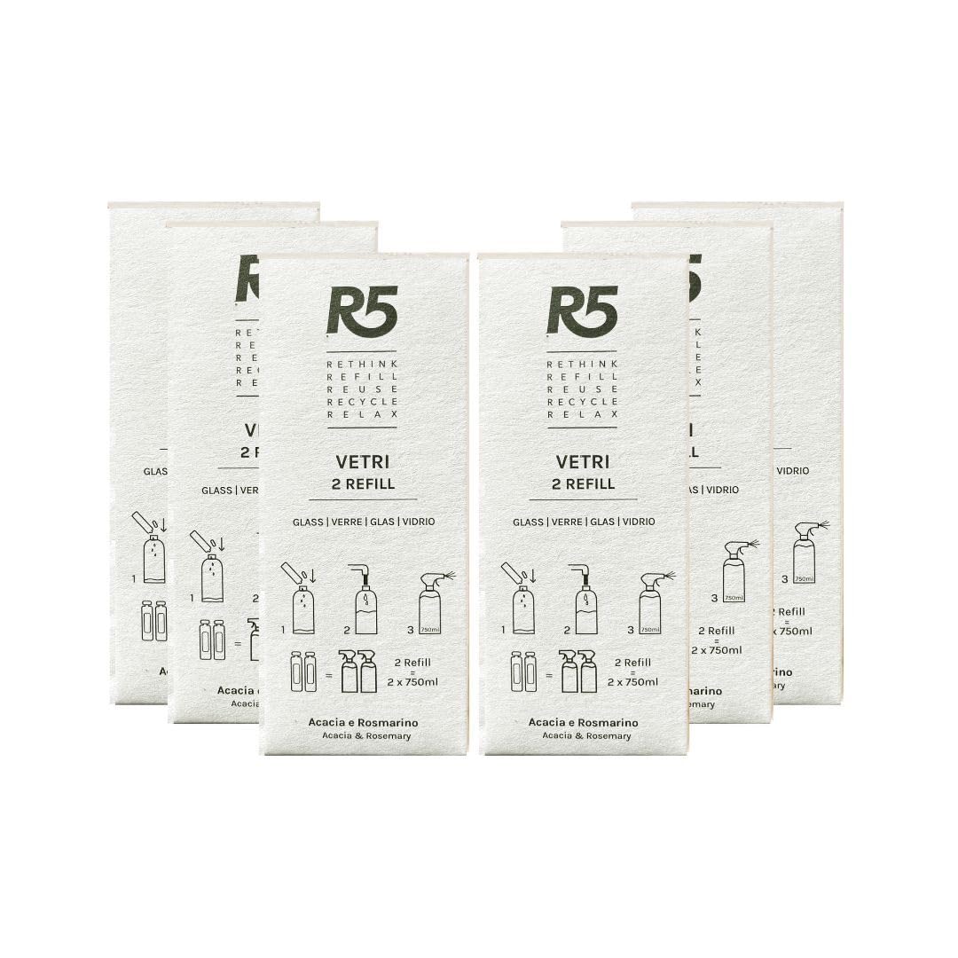 R5, Multipack 12 Refill Vetri, Detergente Vetri, Ideale per la Pulizia di Vetri, Cromature e Cristalli, Fragranza Acacia e Rosmarino, Made in Italy