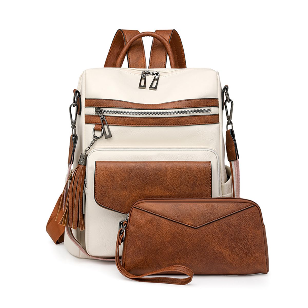 SONARIN PU Backpack Purse for Women,Waterproof Vintage Fashion Women Backpack Handbag Casual Daypack,Convertible Ladies Shoulder Bag with Wristlet for School Work Travel(White+Brown)