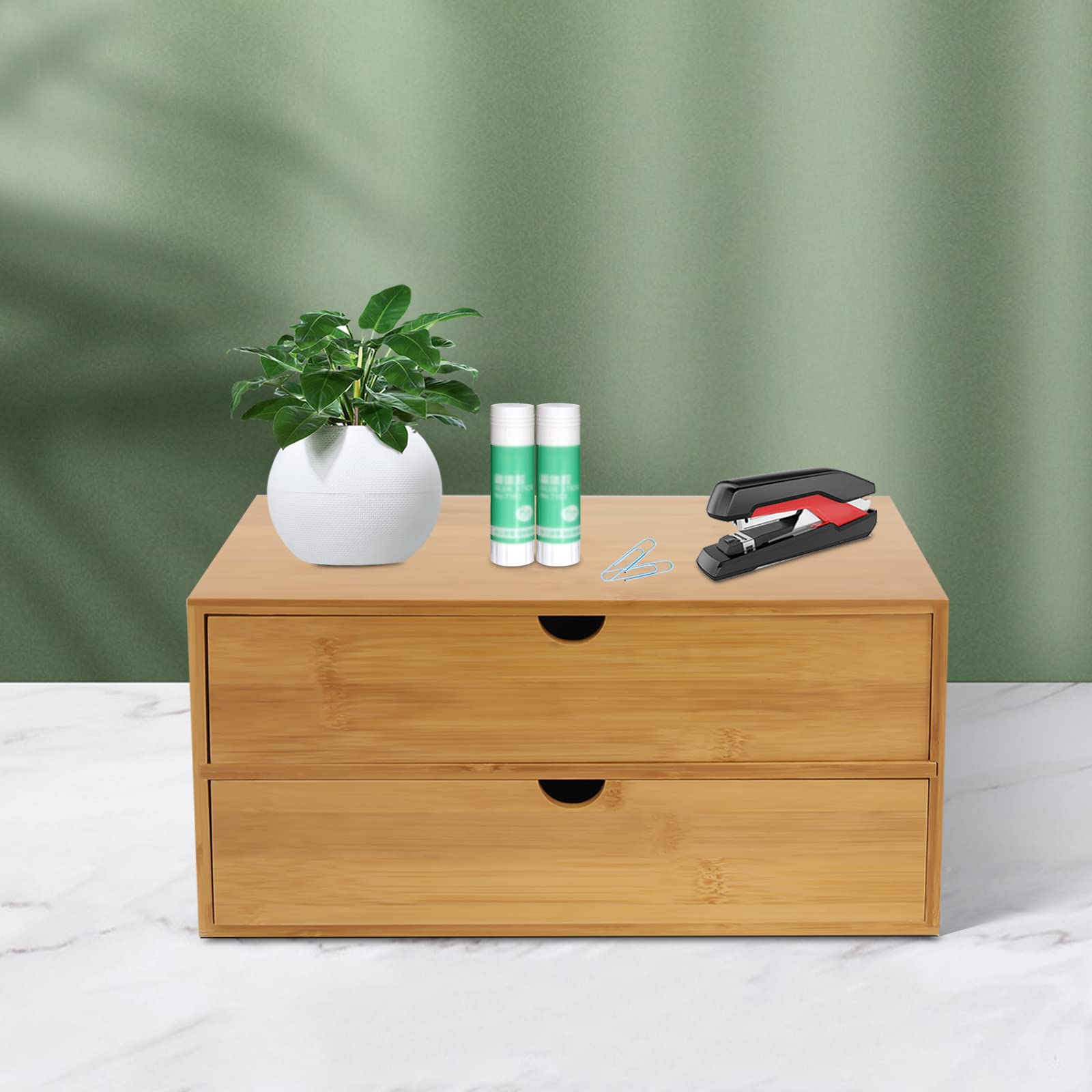 Organizer da scrivania in bambù, con 2 cassetti, per casa, ufficio, ufficio, casa, toilette, 33 x 19 x 16 cm