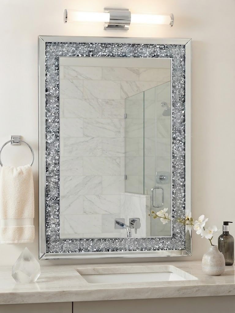 Deenz Full Border Crushed Jewel Wall Mirror Loose Diamante New Crystal Square Decor Mirror Gift (40X60cm)