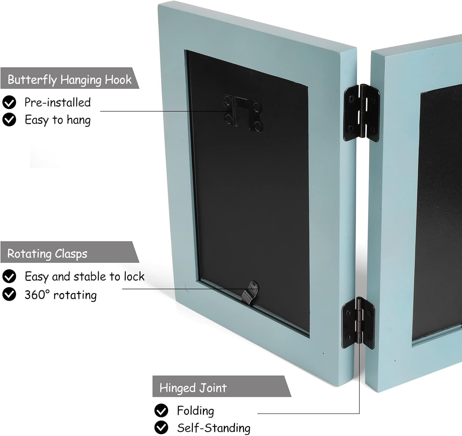 3 Vertical Horizontal Hinged Wood Picture Frame 4x6 and 5x7 Triple Folding Photo Frame Home Decor with Real Glass Front in Teal Blue for Tabletop, Display 4x6 with Mat or 5x7 without Mat