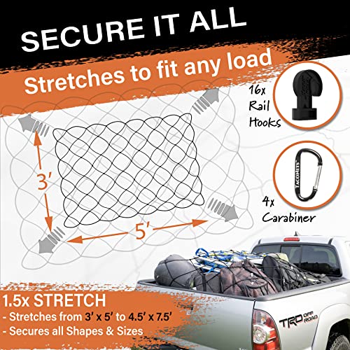 Taconets Toyota Tacoma Long Bed Cargo Net - Bungee Net Accessories For Pickup Trucks - Bed Rail Integration For 2005-2023 Tacomas: 3'X5' Stretch Cargo Net, 16 Rail Hooks, 4 Carabiners, Storage Bag #TOP4