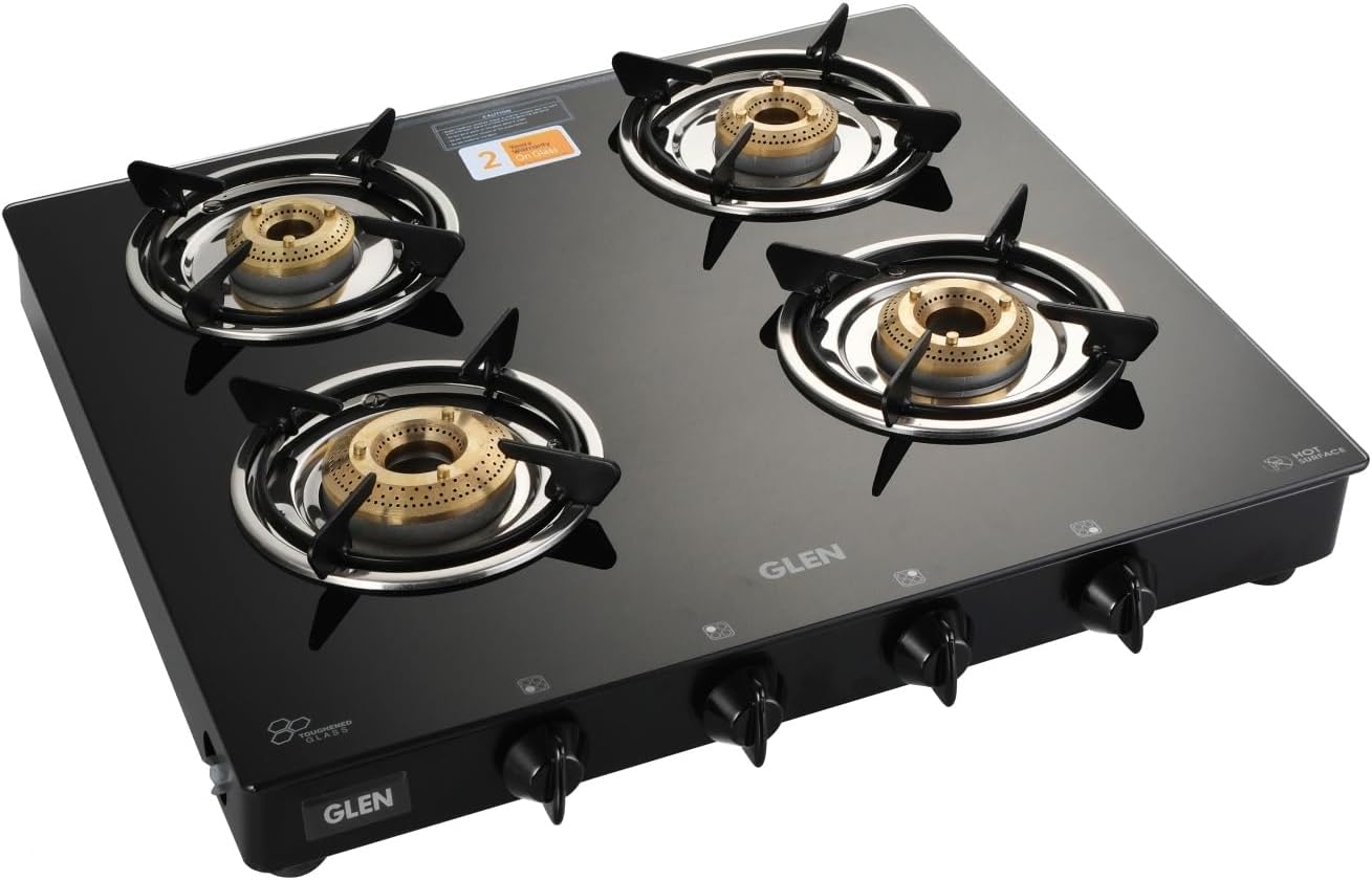Glen Gas Stove 4 Burner Toughened Glass Top | LPG Gas Stoves 57 cm Extra Large | 1 Jumbo Brass Burners | Black | Manual Ignition | ISI Certified | 2 Year Warranty On Product |