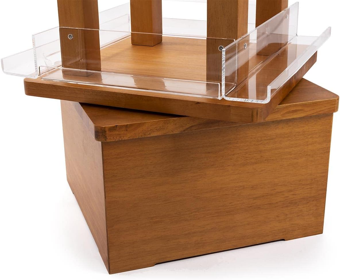 Displays2go Rotating Literature Display Rack – 7-Tier Floor Standing Spinner with 28 Acrylic Shelves and Solid Oak Frame (SMAWRDFS)