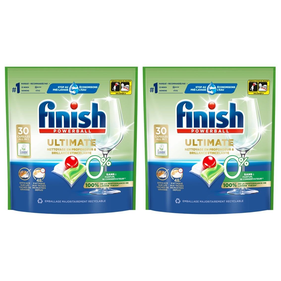 Finish Lot de 2 paquets de 30 capsules Lave-Vaisselle Ultimate 0%