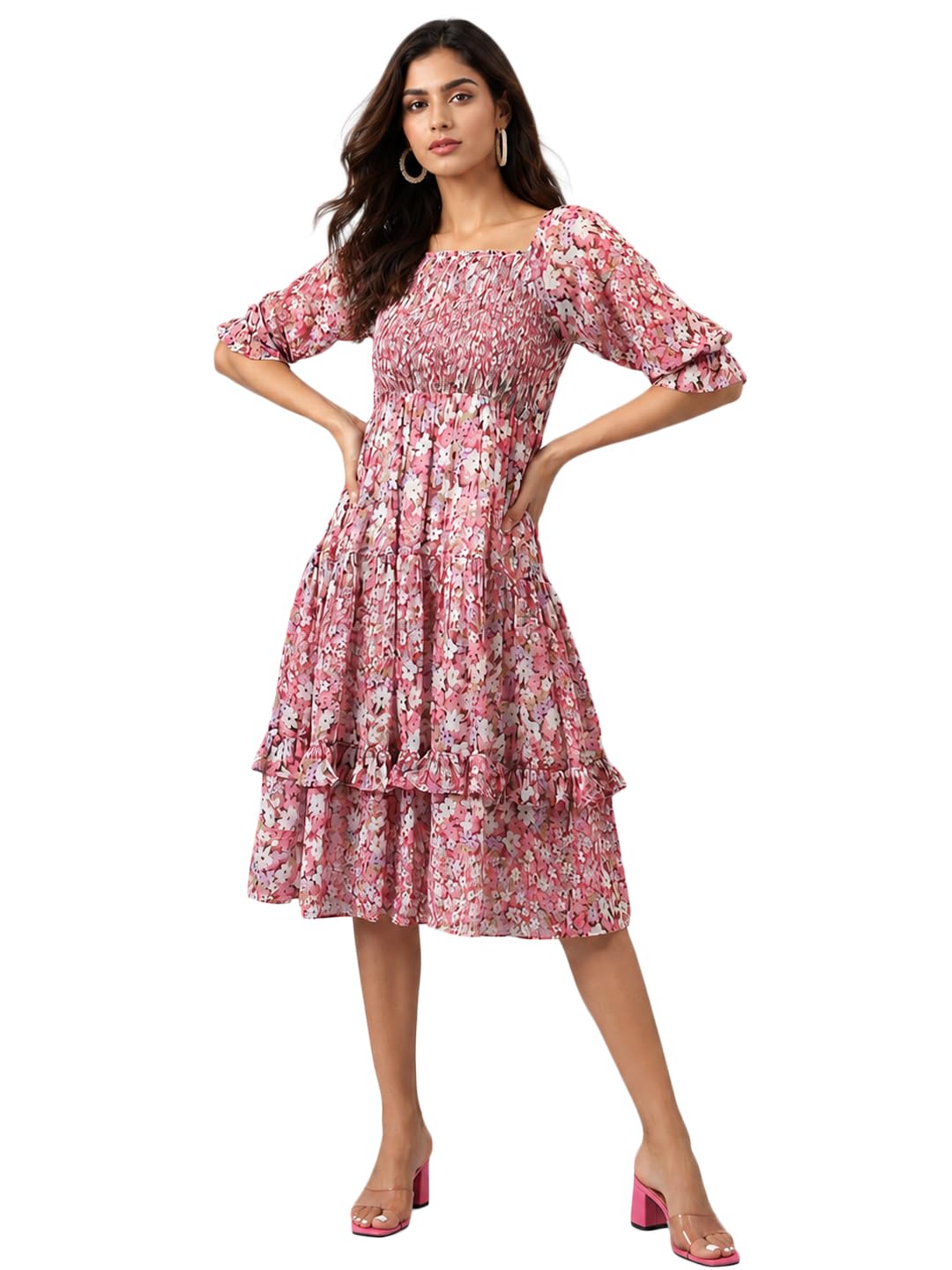 keri perry Women's Dress | Pink Floral Print Smocked Midi Length Dresses | Square Neck | Puff Sleeves | Tiered A-Line Georgette Casual Summer Wear for Woman-picture-38