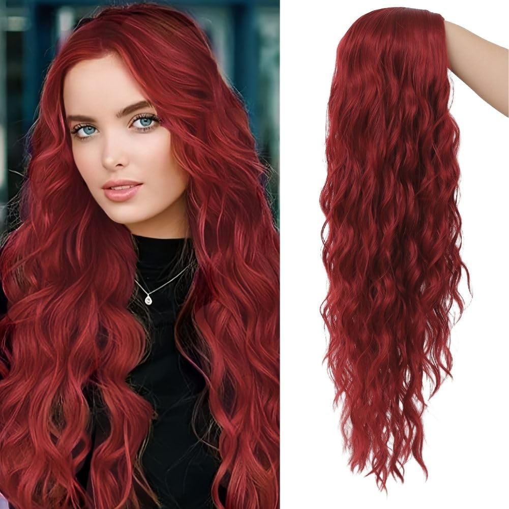 Siudus Dark Red Long Curly Wavy Wigs for Women Burgundy Middle Part Hair Wig Synthetic Heat Resistant Fiber Halloween Cosplay Wig