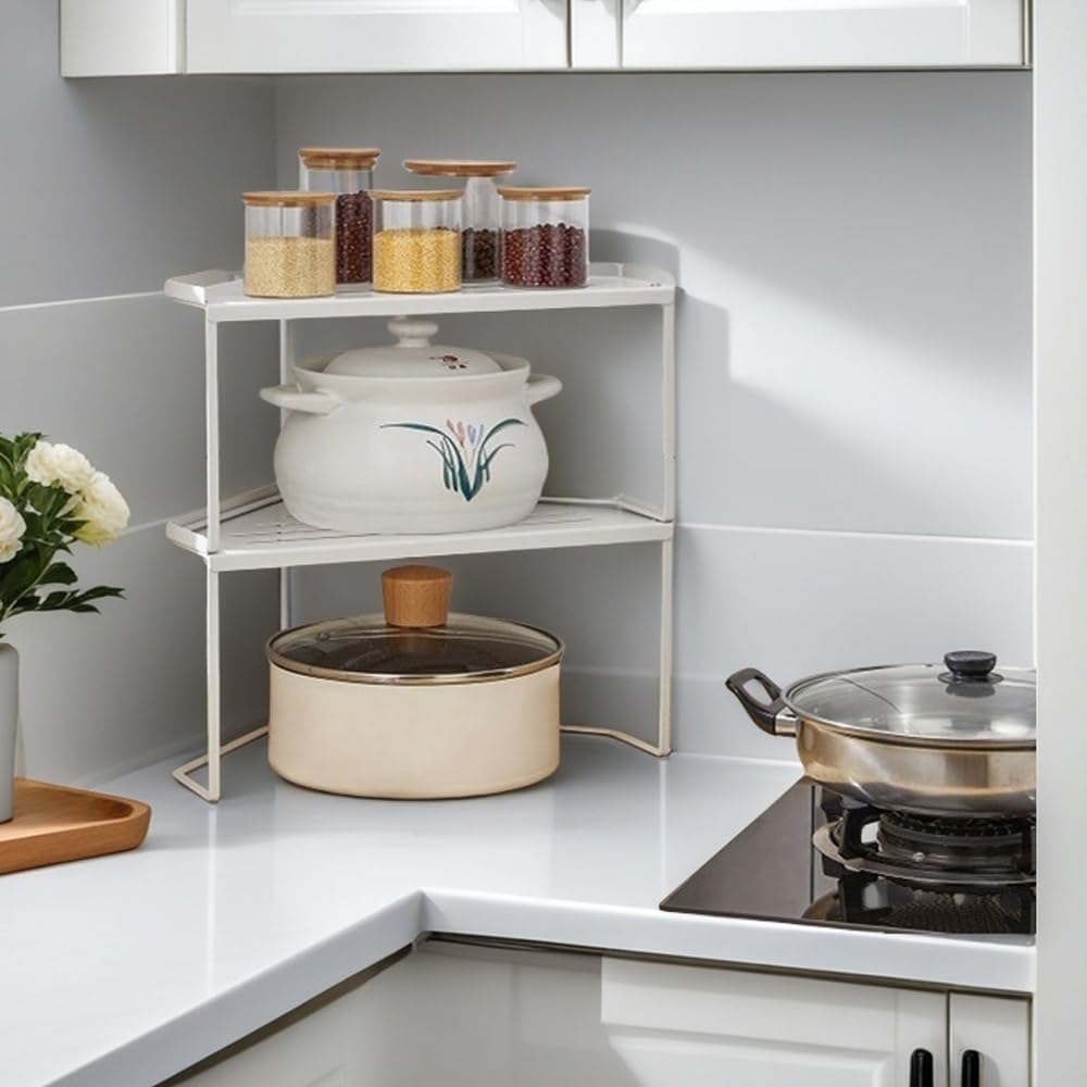 Apilable Organizador Cocina,Organizador de Armarios de Cocina Metal,Estante de Encimera con Almohadilla Antideslizante,Estante de Cocina. (2, Blanco)
