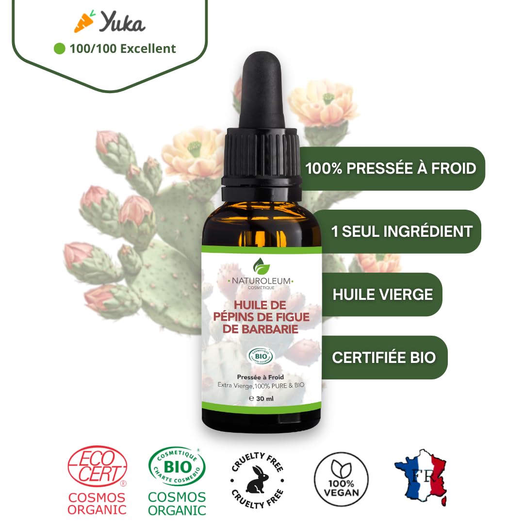 Huile de Pépins de Figue de Barbarie Bio 100% Pure, Pression à Froid, Anti âge, Régénérante, Rides Peau Mature, Riche en Vitamine E, Visage, Flacon Verre Pipette 30 ml