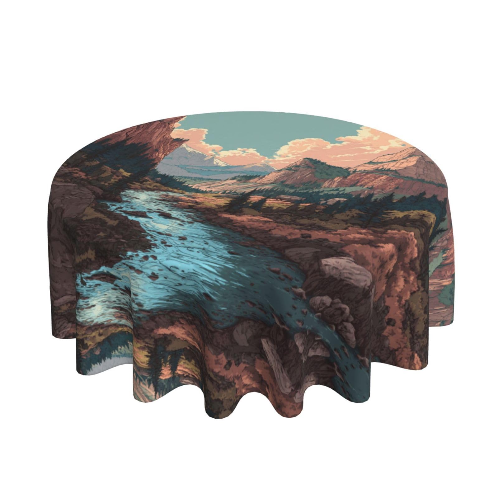 ESNAIUVCD mountains and rivers print Round Tablecloth Waterproof Washable Wipeable Resistant Polyester Circular Table Cover for Dining Room Kitchen Indoor Outside 60"