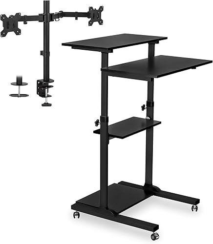 Miniatura 1 de Mount-It! Escritorio móvil de pie, estación de trabajo de computadora ajustable en altura con soporte de monitor doble, dos brazos ajustables de