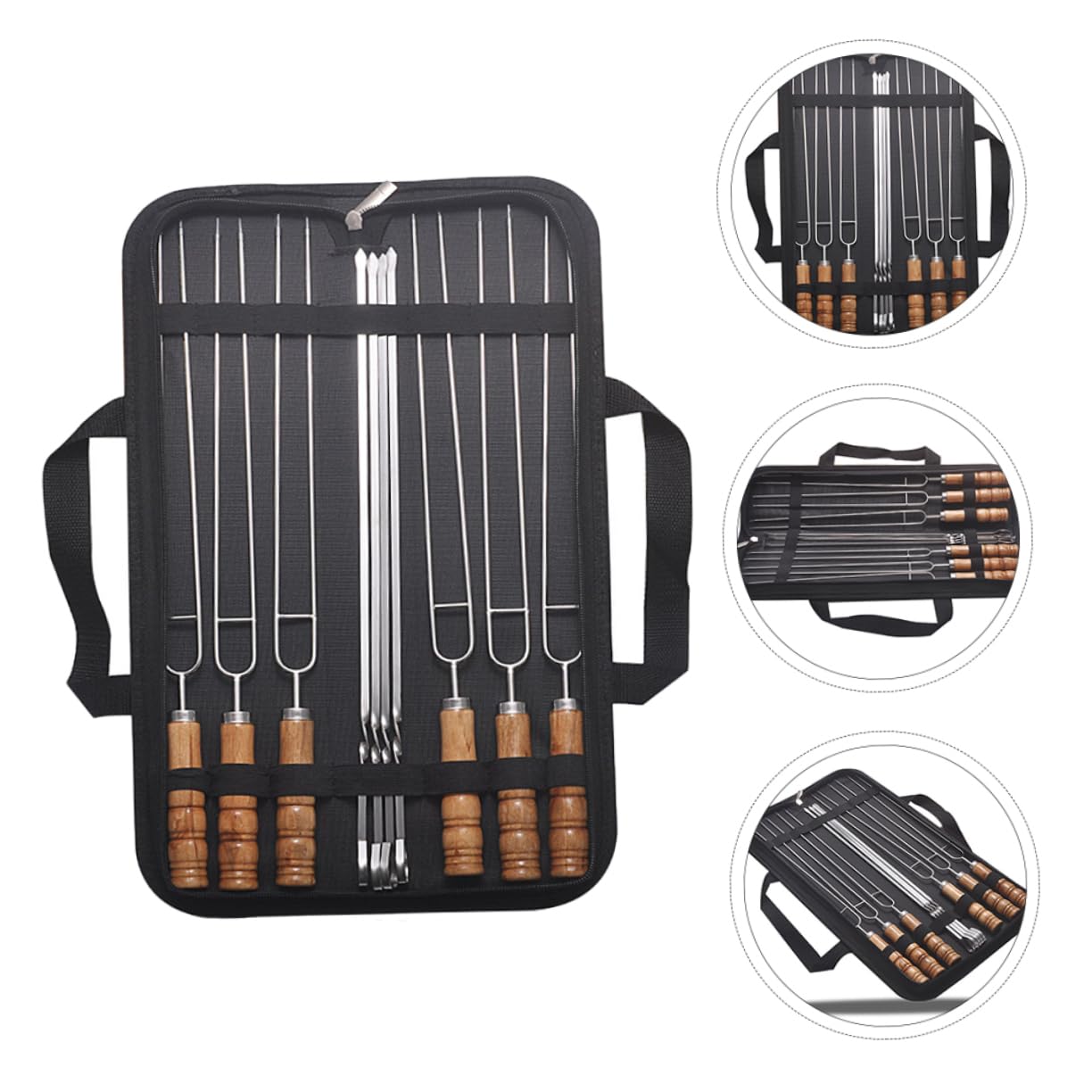 Spiedini Barbecue 10 Pezzi in Acciaio Inossidabile con Manico Nero | Impugnatura in Legno, Bordi Lisci e Struttura Robusta, Sacchetto Incluso, per Uso Outdoor e Quotidiano