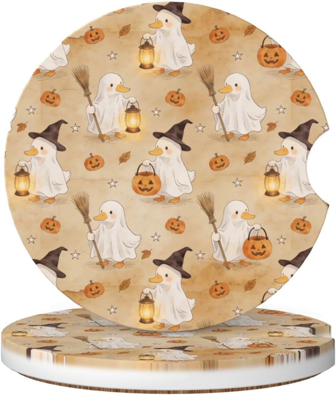 2 Pack Car Coasters Absorbent Ceramic - Halloween Vintage Ghost Duck Decor, 2.56" Anti-Slip Cork Base Cup Holder Coasters, Car Interior Accessories for Women Men