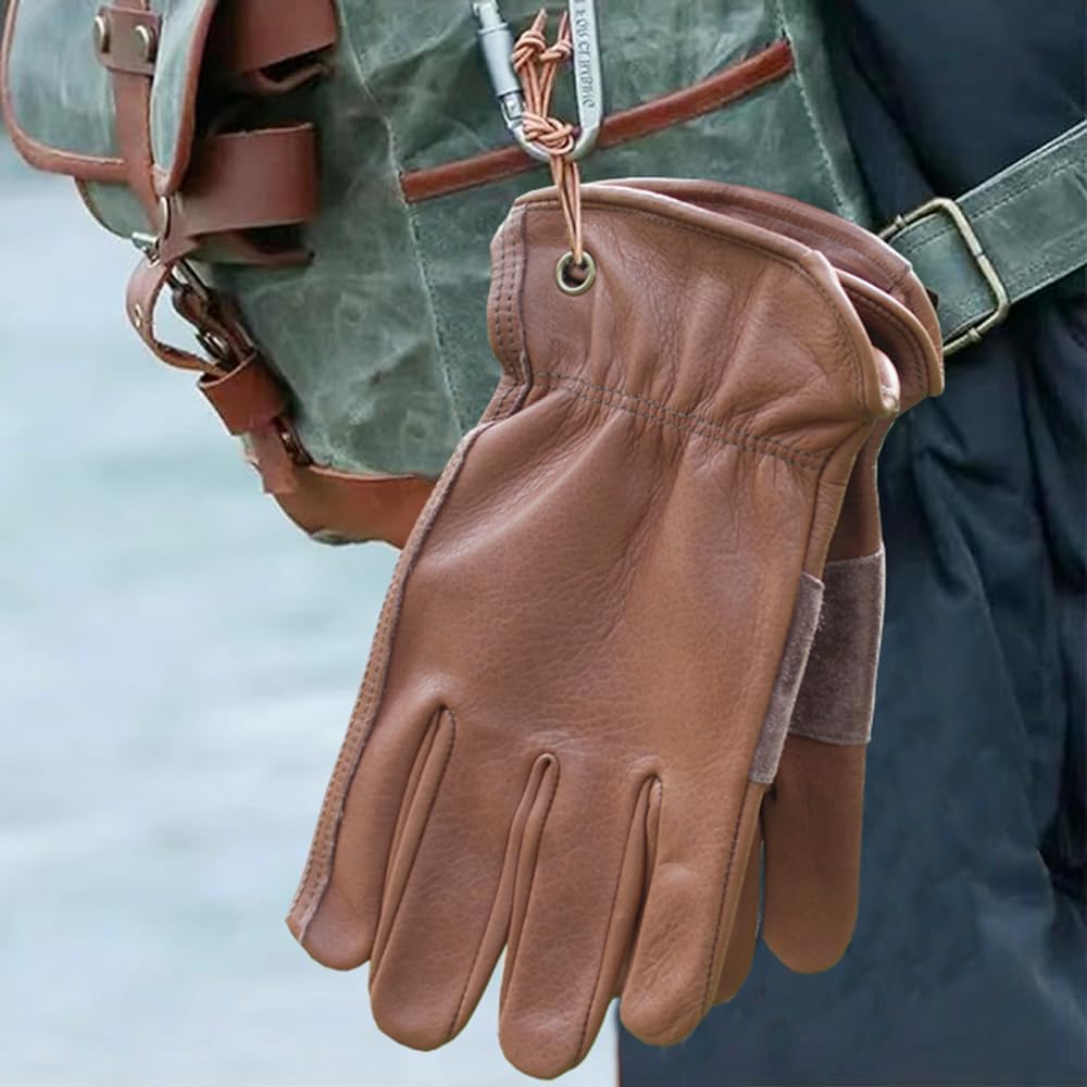 Retro Brown Cowhide Leather Work Gloves for Construction, Yardwork, Gardening with Reinforced Palm for Men & Women - Image 4