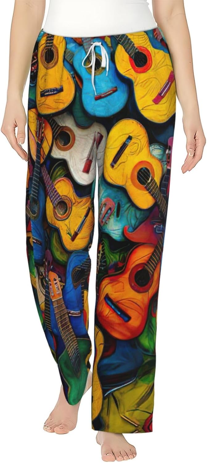 Color Acoustic And Guitars Print Fashion Cozy Womens Flannel Pajama Pants,Perfect For Christmas And Everyday Wear