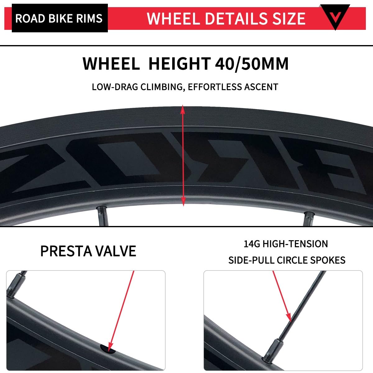 Ruote da Bici da Corsa 700C, Profilo del Cerchio 40/50 mm, Cerchi in Lega di Alluminio a Doppia Parete, sgancio rapido, interasse mozzo Anteriore 100 mm/interasse mozzo posterior