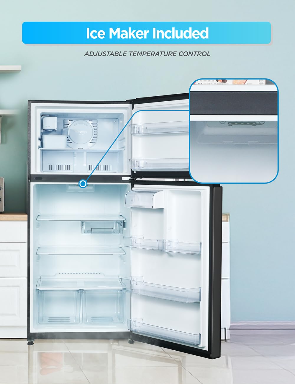 Commercial Cool 20 Cu. Ft. Top Mount Refrigerator With Ice Maker, 2-Door Refrigerator With Top Freezer, Freezer With Icemaker And Adjustable Temperature Control, Energy Star Certified, Black on Fridge.com - View 3