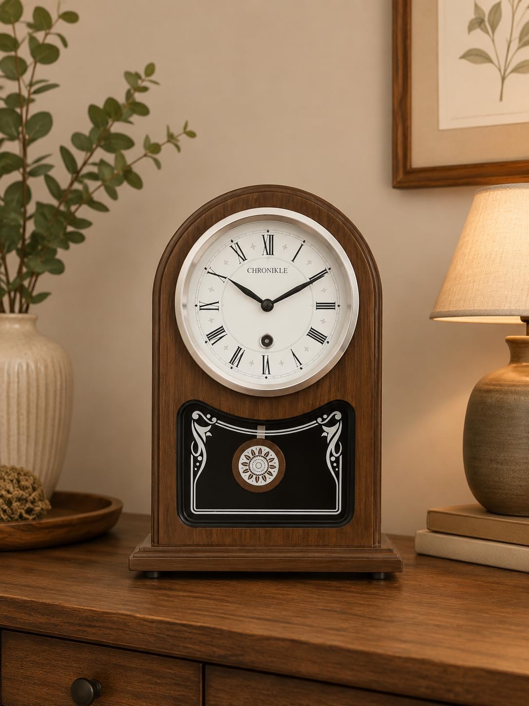 CHRONIKLE Decorative Vertical Wooden Analog Pendulum Home Decor Roman Figure Table/Desk Clock with Sweep Movement (Size: 23 x 8 x 33.5 CM | Weight: 1240 grm | Color: Rosewood)
