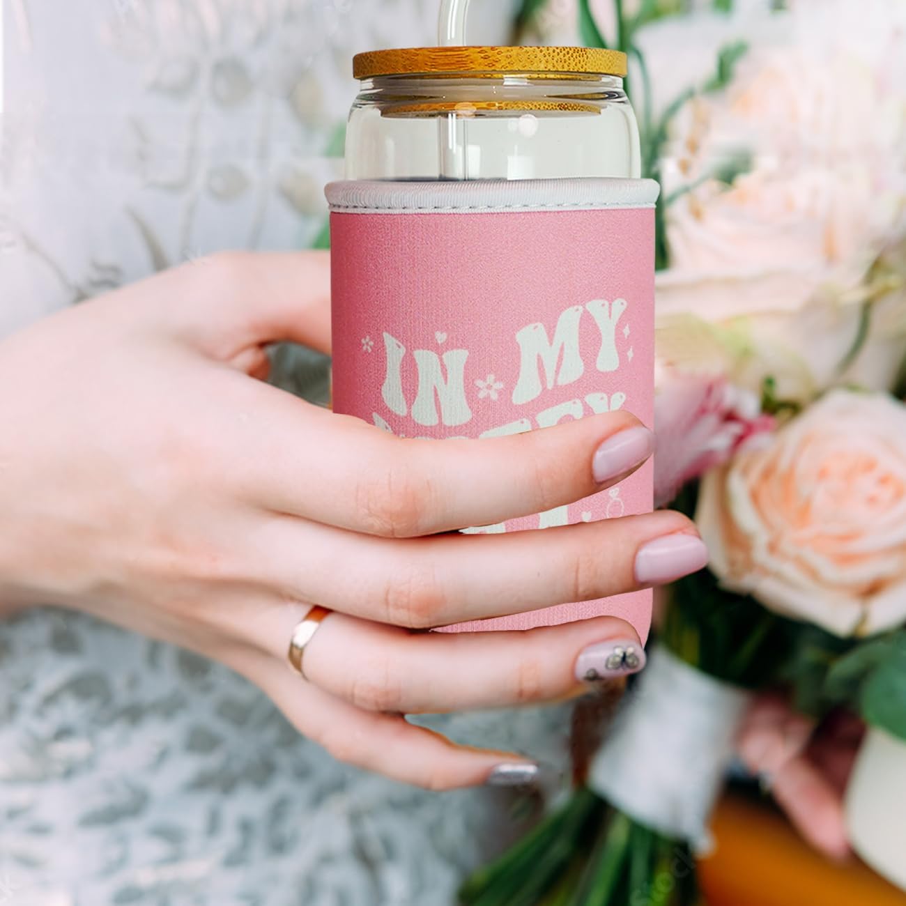 Wedding Gift for Bride, Cute Glass Cup with Lid and Straw, Glass Coffee Tumbler, Aesthetic Cups with Sleeve, Iced Coffee Sleeve, Tumbler with Lid - Image 6