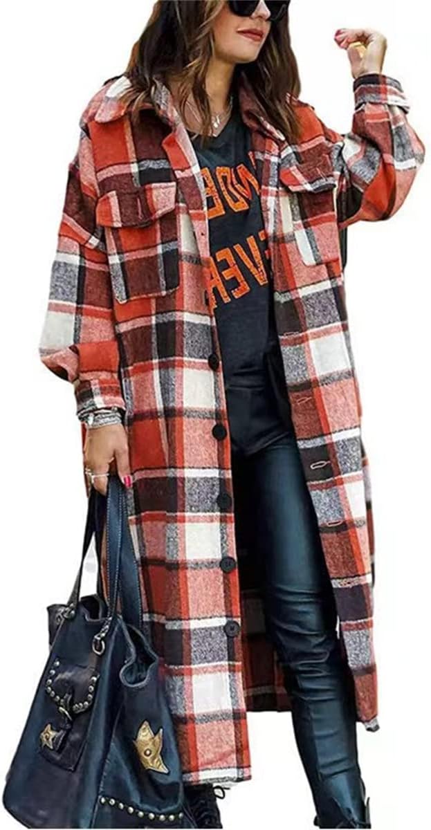 Long Flannel Jacket Women Oversize Plaid Lapel Coat Button Down Pocketed Shacket Jackets Fall Winter Casual Shirt Coat