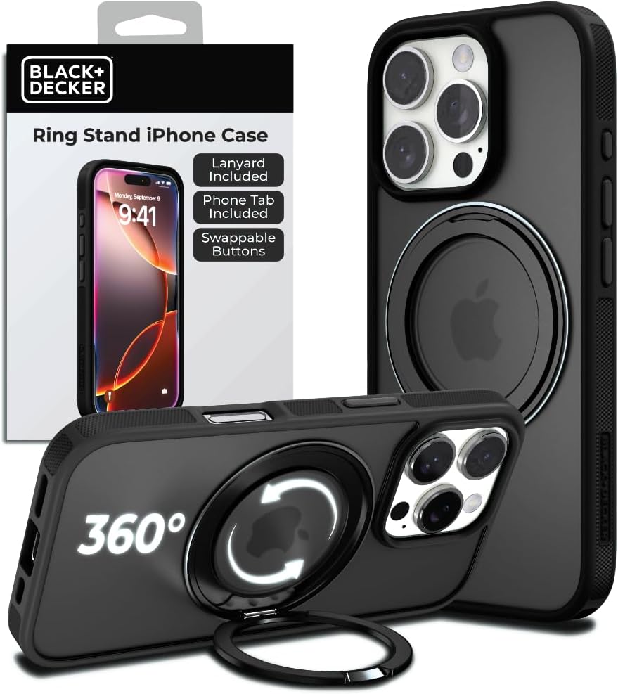BLACK+DECKER 360°Spin Magnetic Stand for iPhone 16 Pro Case, Compatible with MagSafe Protective Stylish for iPhone16 Pro Case for Women, Ostand Kickstand Rotatable, Lanyard, Extra Buttons, Black