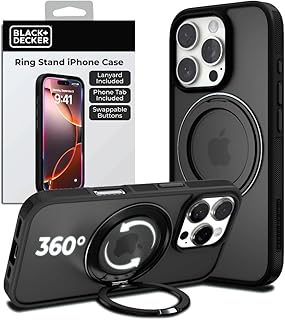 360°Spin Magnetic Stand for iPhone 16 Pro Case, Compatible with MagSafe Protective Stylish for iPhone16 Pro Case for Women, Ostand Kickstand Rotatable, Lanyard, Extra Buttons, Black