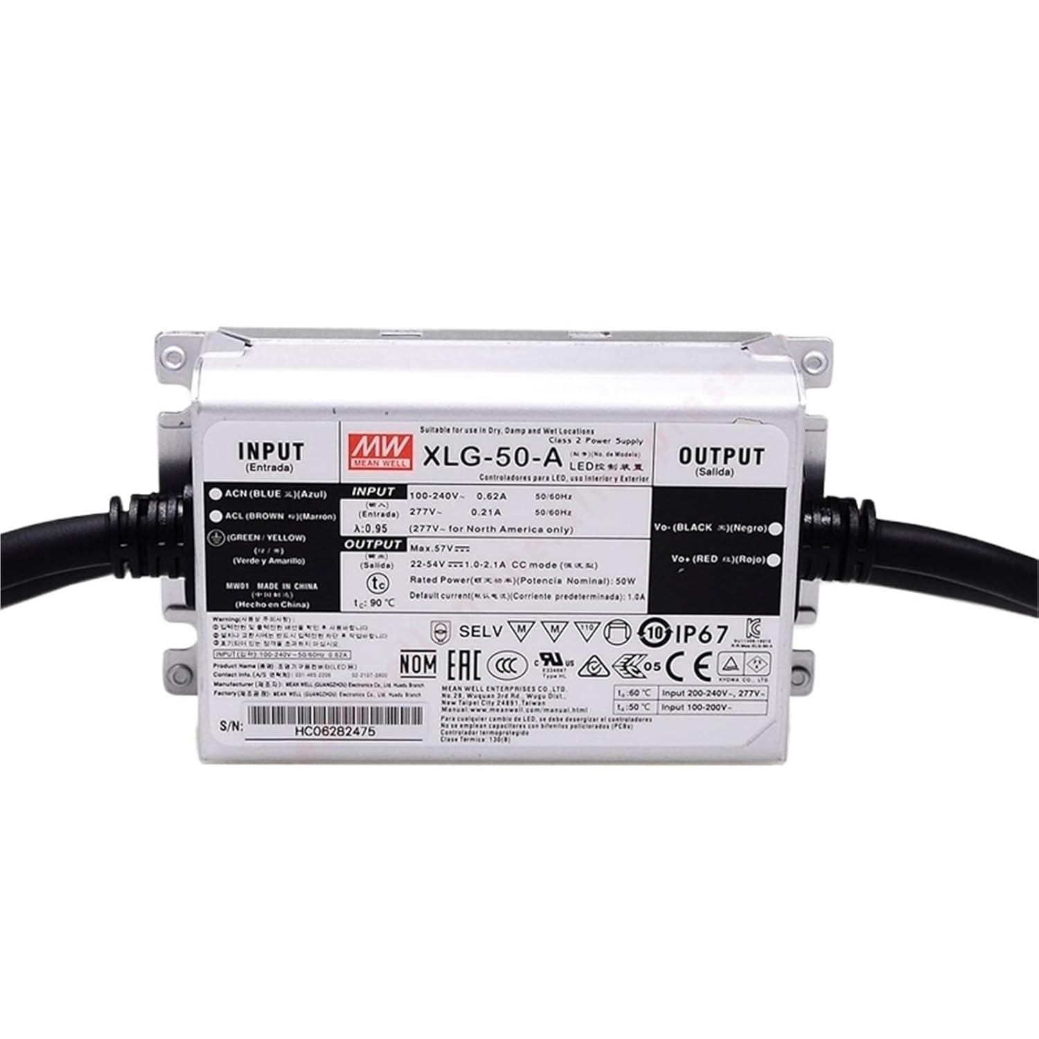 XLG-50-A IP67 for Indoor/Outdoor Metal Case with PFC LED Street Lighting 50W Constant Power Mode LED Driver
