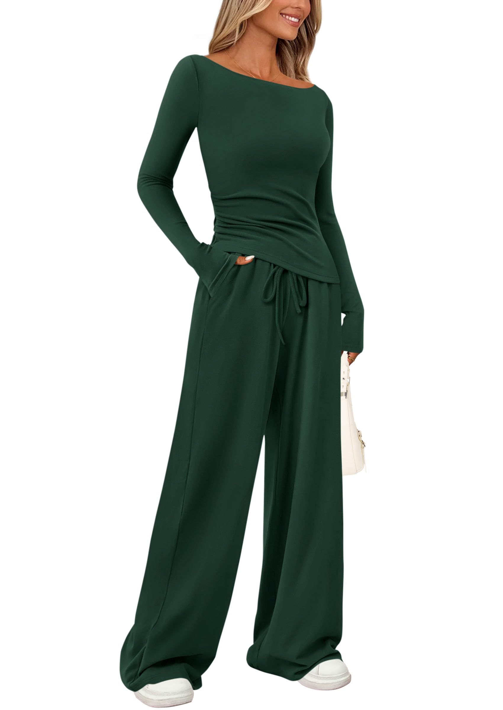 PRETTYGARDEN Womens 2 Piece Lounge Sets Asymmetrical Long Sleeve T Shirt Wide Leg Pants Casual Outfits Tracksuit