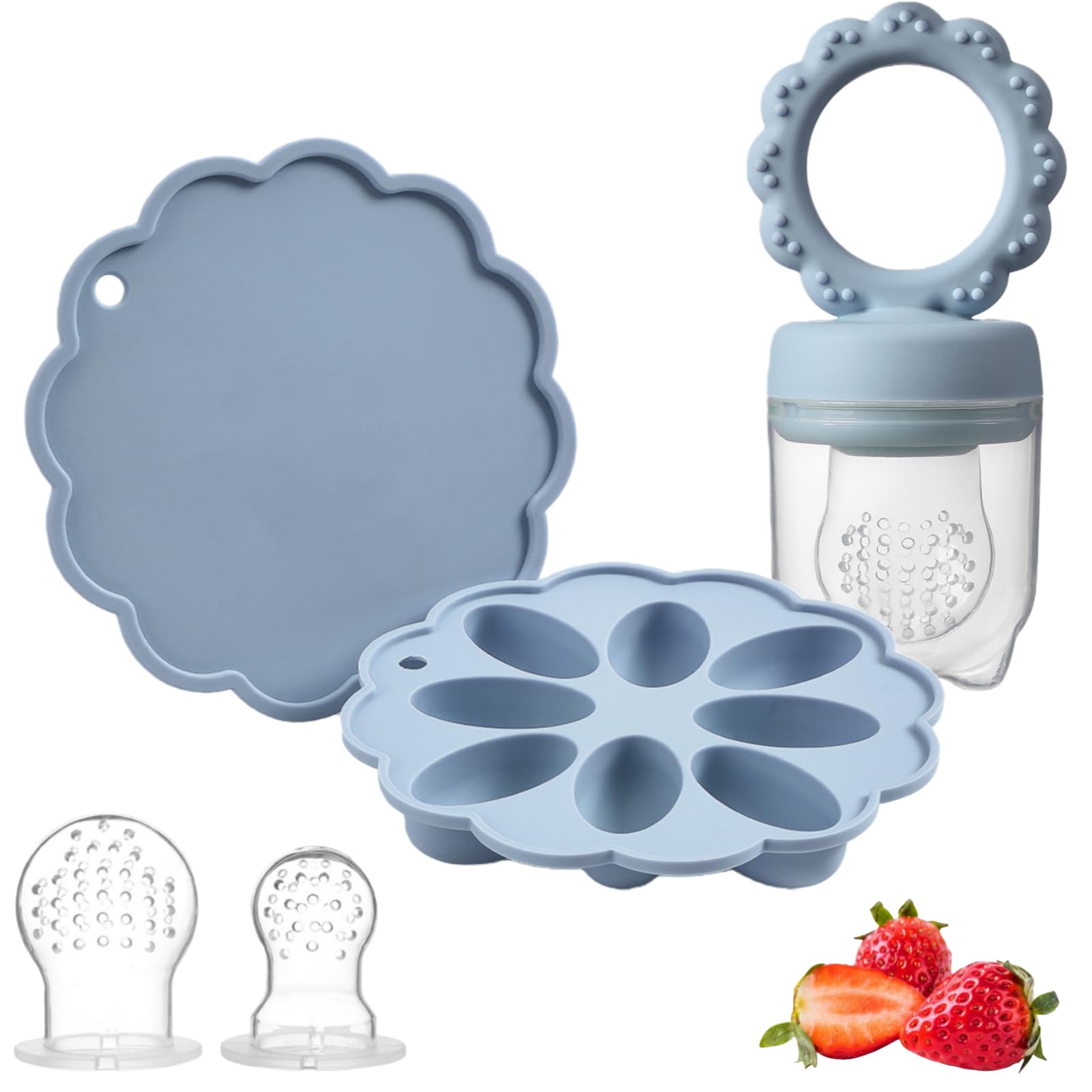 Baby Fruit Feeder Pacifier for Babies, Silicone Baby Food Feeder with Breastmilk Popsicle Mould, Teething Relief Dummy, Safe Self Feeding Weaning Set for Infants Toddler BPA Free (Ether)