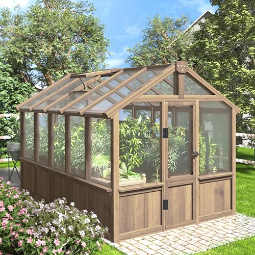 Image of Mupater 6'x10' Wooden Greenhouse for Outdoor, Heavy Duty Green House Kit with Ventilated Window and Lockable Door, 6mm PC Panels for UV Protection, Walk-in Greenhouse for Backyard, Garden, Lawn