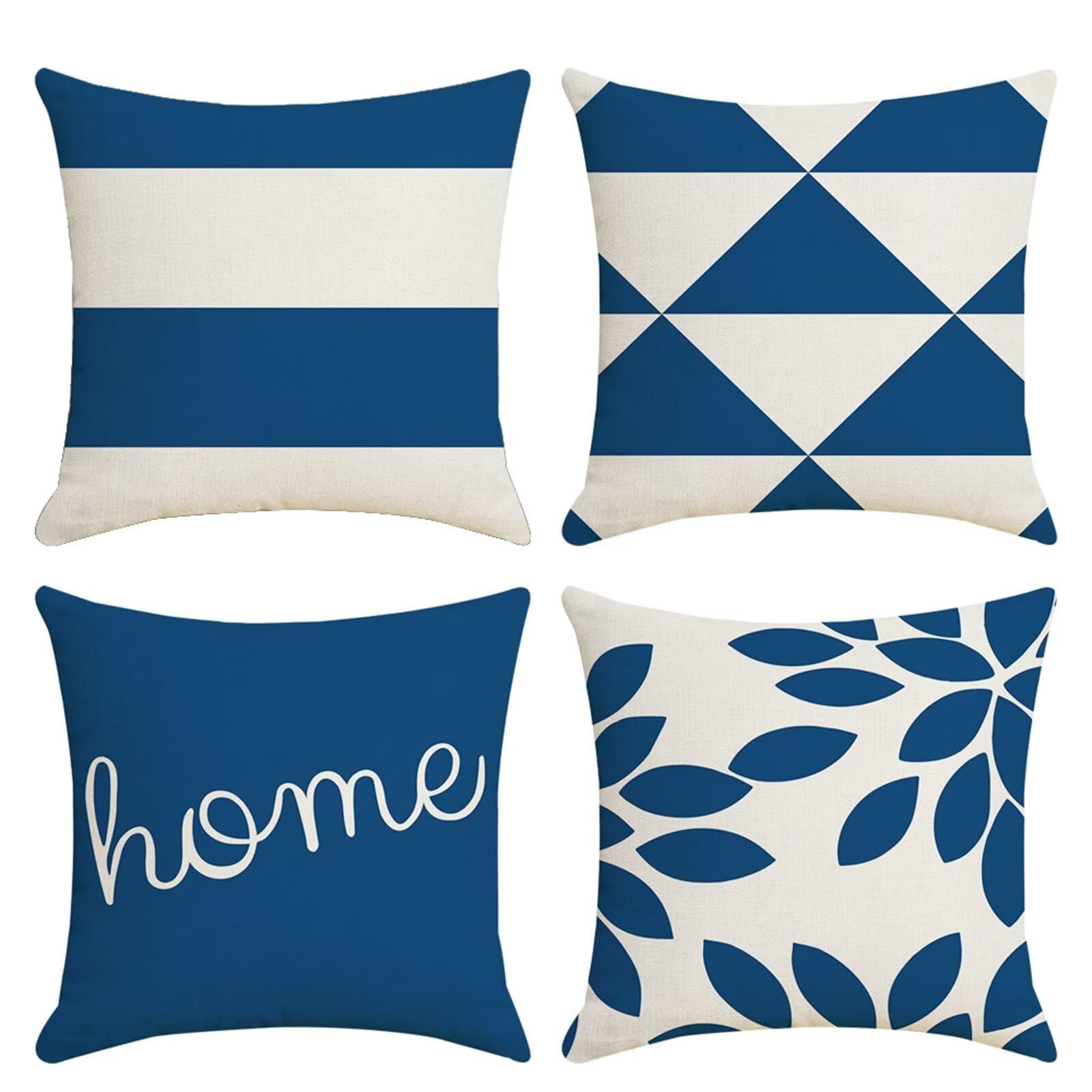 Juego de 4 Impermeable Funda de Cojín Letra de hoja azul,55x55cm Moderno Suave Transpirables Lino Fundas de Almohada Cojines Decorativos con Cremallera Oculta para Exterior Sofá Cama Coche Hogar