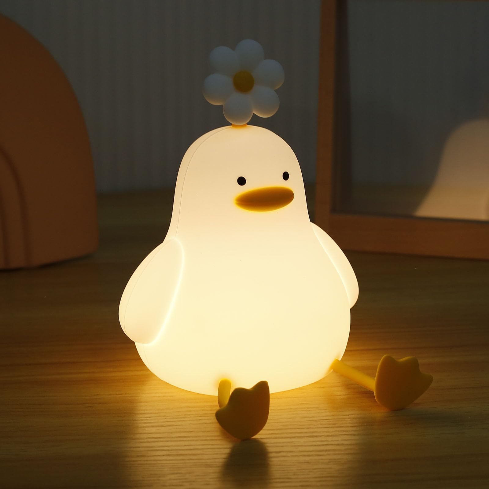 Duck Night Light, 3 Colors Silicone Flower Duck Night Lamp, Dimmable Cute Light Up Duck, Nursery Nightlight, Rechargeable Bedside Touch Soft Lights，for Sleeping/Study/Bathroom Light