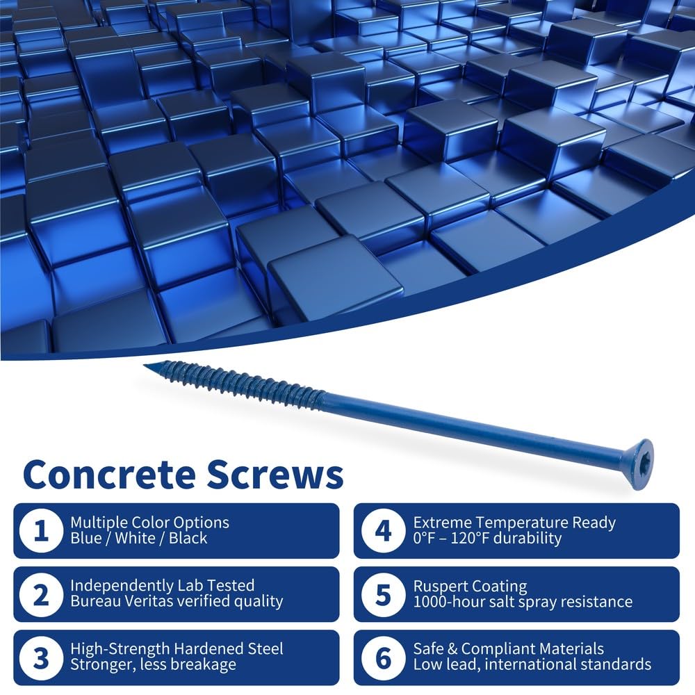 1/4" x 5" Concrete Screws, Blue Flat Head Countersunk Star Drive, 100 Pack w/ 2 Drill Bits & 2 Star Driver Bits Included - Heavy Duty Masonry Anchor Screws for Concrete, Brick, Block - Carbon Steel