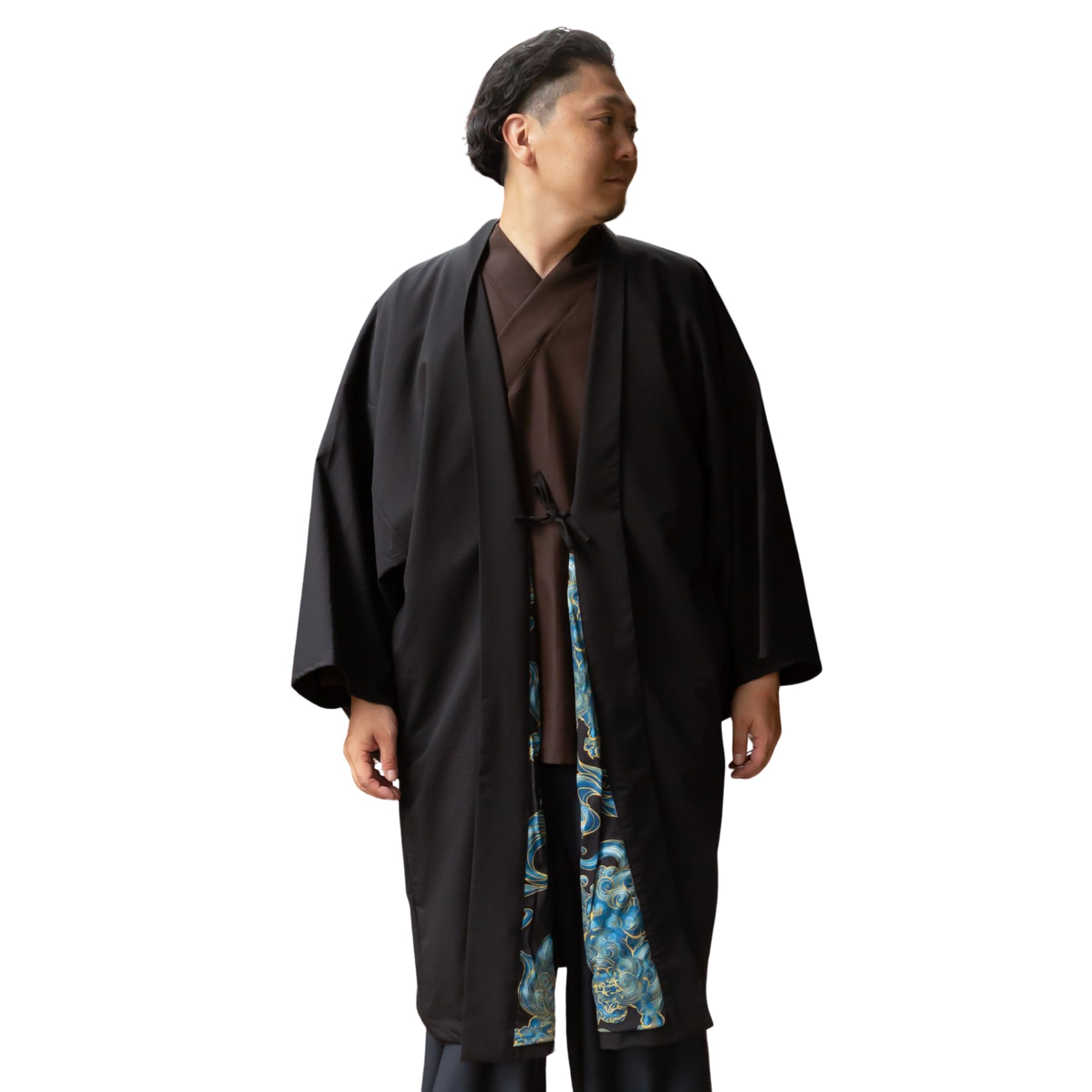 [倭物や Kaya] Behind The Scenes Kimono Haori - Japanese Overgarment/Japanese Formal Cardigan 7CC-1303 Men's Lion (Shishi) Black