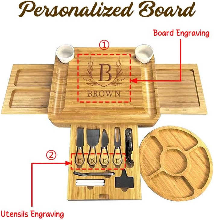 Custom Charcuterie Boards Set – Large Bamboo Cheese Board with 3 Drawers & Utensils Set- Round Tray Included,Personalized Bamboo Charcuterie Boards Gift Set, Wedding,Birthday Housewarming Gift - Image 9