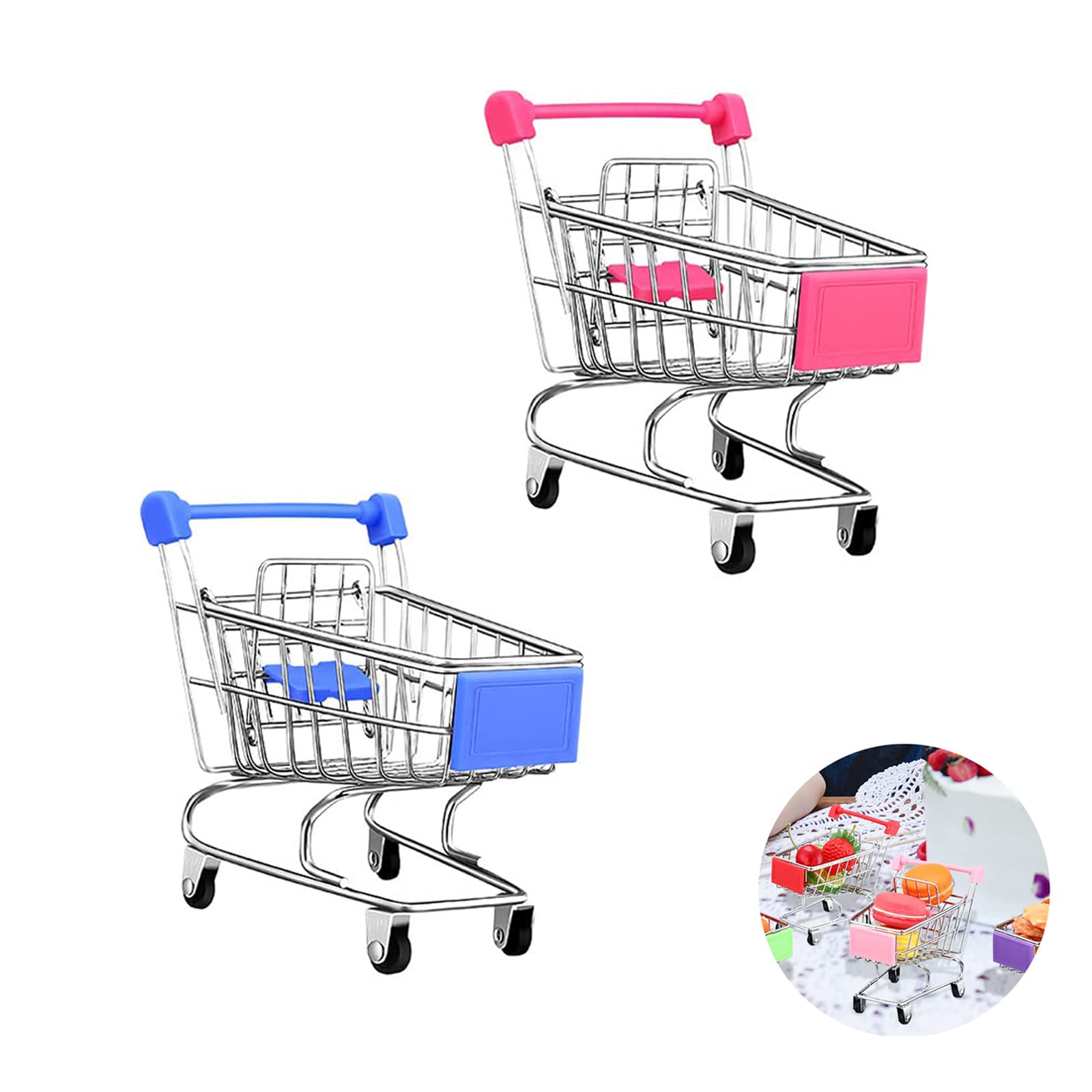 2 Pcs Mini Supermarket Handcart, Mini Shopping Cart Supermarket Handcart Shopping Utility Cart Mode Storage Toy (Pink+Bule)