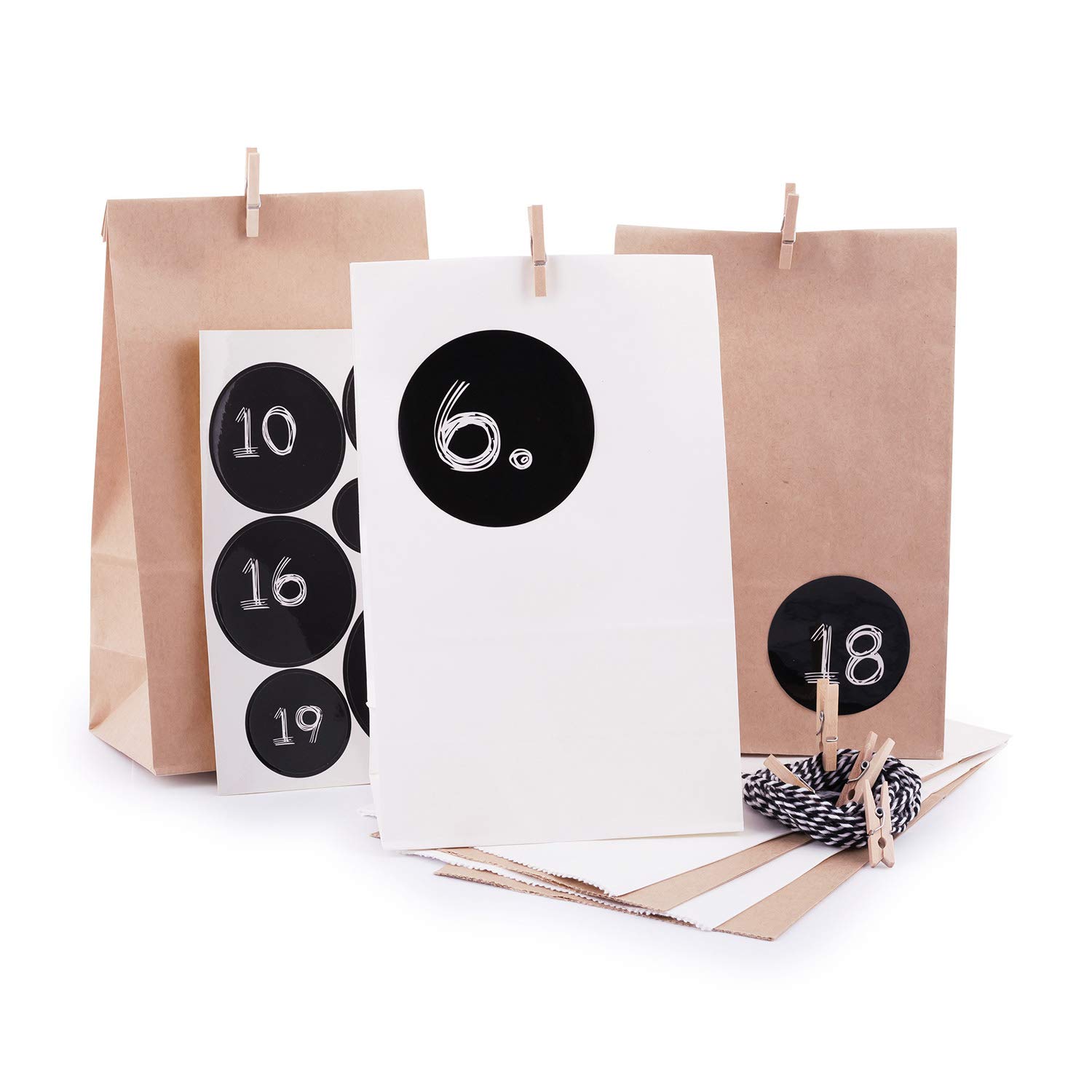 pajoma Advent Calendar for Filling Modern - 24 Kraft Paper Bags in White & Brown - DIY Christmas Calendar Craft Set with Number Stickers, String & Wooden Pegs