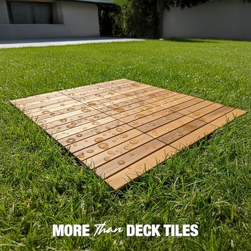 Image of Premium Acacia Wood Interlocking Deck Tiles, 9 PCS 12 inchx12 inchx0.9 inch Floor Tiles, Waterproof Wood Flooring for Backyard & Outdoor Patio Decor, All Weather Use (Golden Teak - Striped Pattern)
