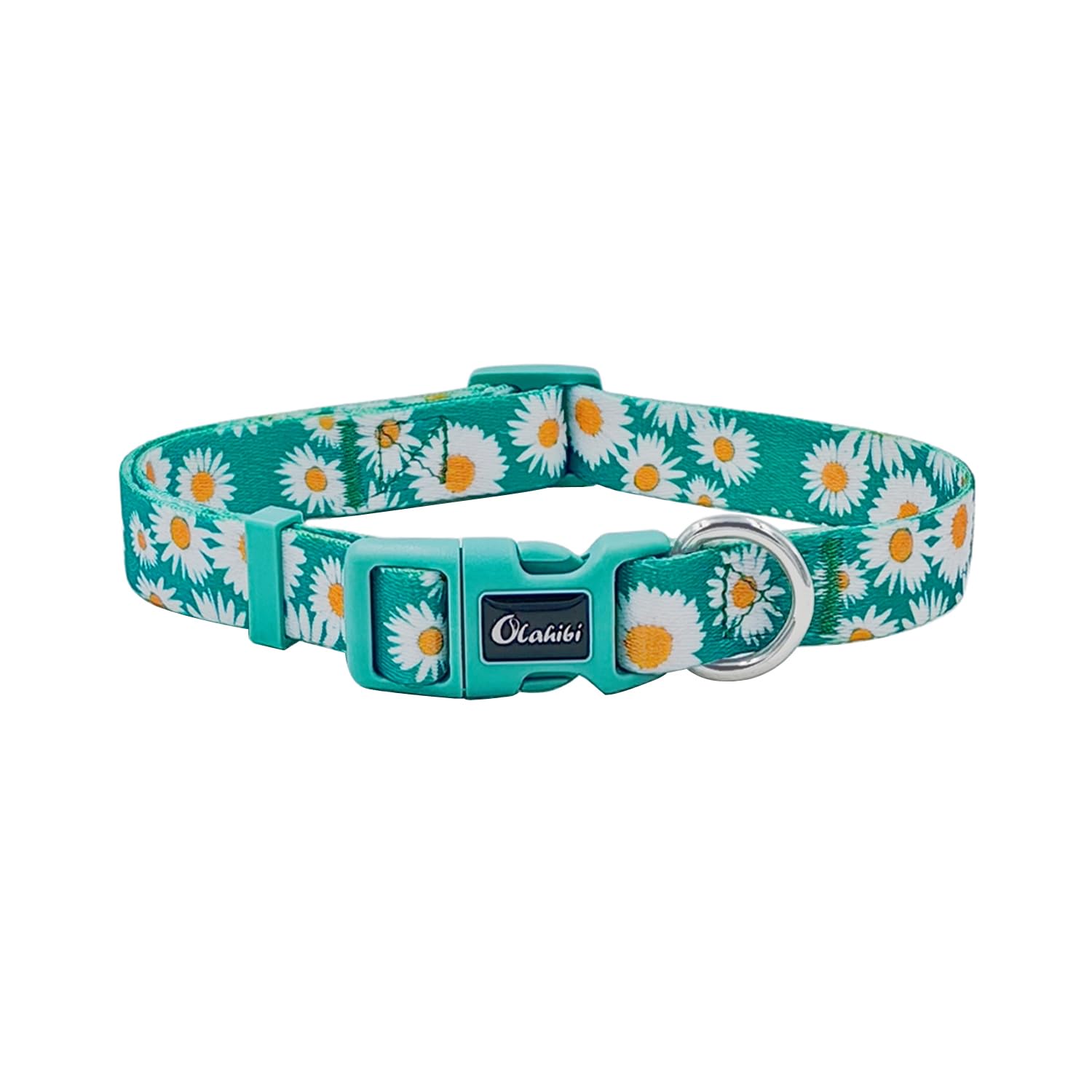 Olahibi Basic Dog Collar, Soft and Durable Polyester Material, Adjustable Length, for Medium Dogs.(M, Green Daisy)