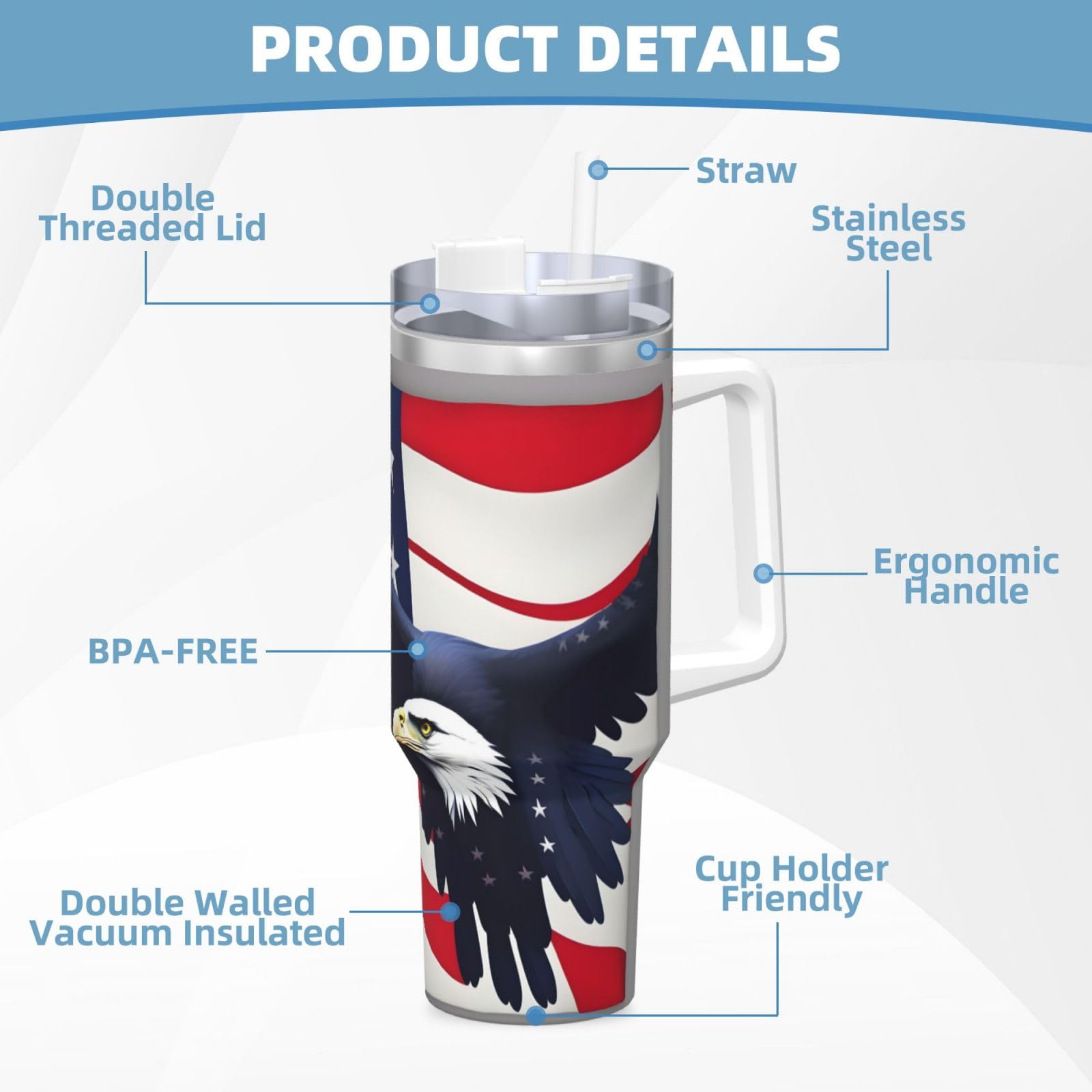 Trinkflasche mit amerikanischer Flagge, Edelstahl, doppelwandig, isoliert, mit Griff und Strohhalm-Deckel, 1,2 l