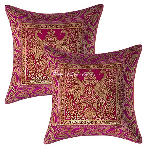 Image of Decorative Brocade Cushion Cover 16x16 Inch Banarasi Jacquard Weave Magenta & Gold Living Room Decor Peacock Traditional Square 40x40 cm Zippered Sofa Settee Pillowcase -1 Pc