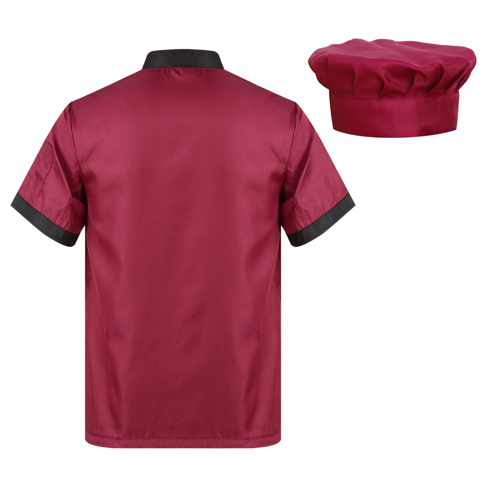 YEAHDOR Unisex Chef Coat Jacket with Hat Outfit Short Sleeve Button Shirt Kitchen Work Uniform for Men Womens Burgundy X-Large