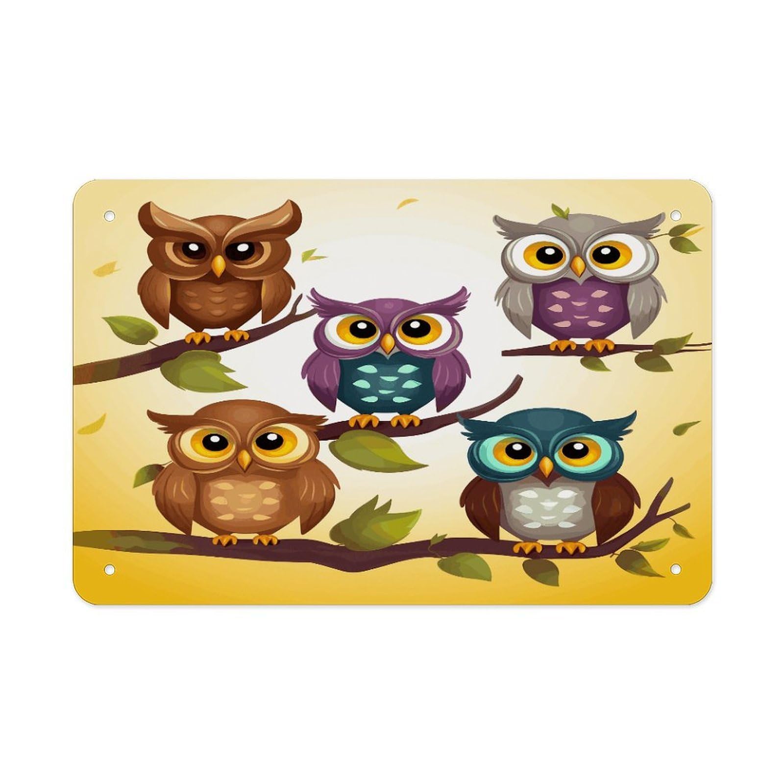 Owls Birds Metal Tin Sign 12"x8" Wall Art Prints Poster Decorative Picture Metal Signboard Decor Painting Folded Edge Iron Sheet Painting with Holes for Wall Decor